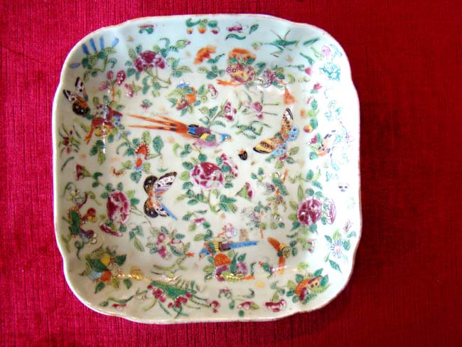 A Chinese Export porcelain and enameled square tray with exotic birds and butterflies circa 1830